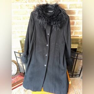 Black Fur-Trim Wool Blend Trench Coat